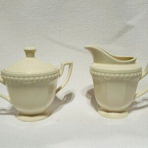 10 Strawberry Street White Creamer & Sugar Bowl W/lid Bead Style Edge Discont